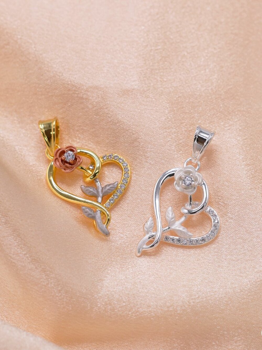 925 Sterling Silver Rose Heart Pendant Charm